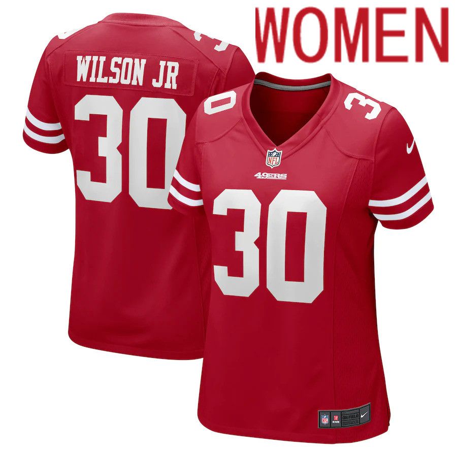 Women San Francisco 49ers #30 Jeff Wilson Jr. Nike Scarlet Game NFL Jersey->women nfl jersey->Women Jersey